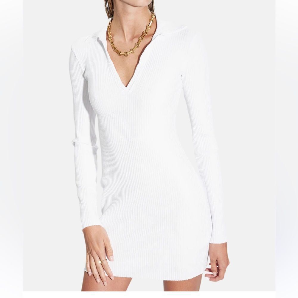 Cotton Citizen White Ribbed Long Sleeve V-Neck Mini Dress